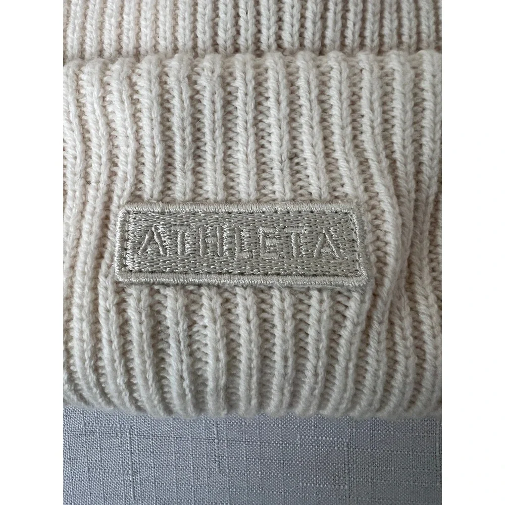 Athleta Beanie Women OS Cream Excellent Ribbed Knit Logo Cuff Hat